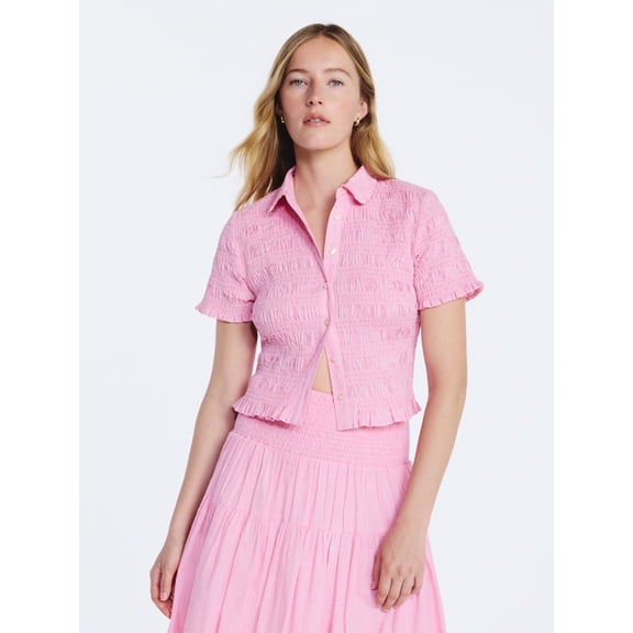 Free Assembly Women's Smocked Cotton Button Front Shirt with Short Sleeves XS-XXL