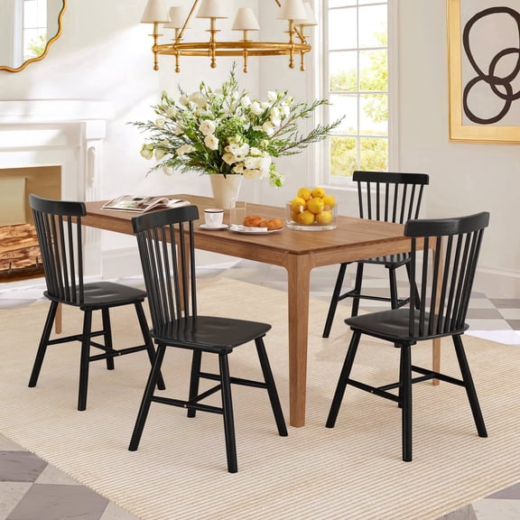 Dycanpo Mid Century Modern Wooden Dining Chairs 18 Inch Spindle Back for Kitchen Dining Room, Black, Set of 4