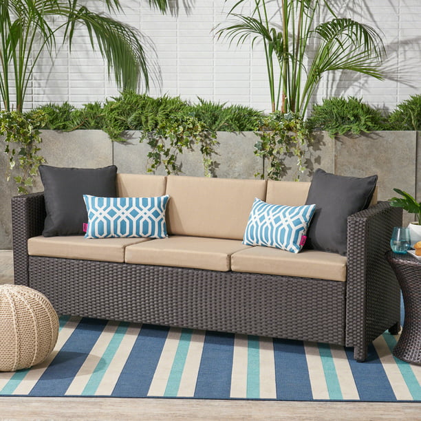 Outdoor Wicker 3 Seater Sofa with Cushions, Dark Brown,Beige - Walmart