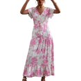 thumbnail image 2 of V Neckline Dress, Print Floral Dress Short Sleeve Drawstring High Waist  For Summer ANGGREK Blanco XXL, 2 of 6
