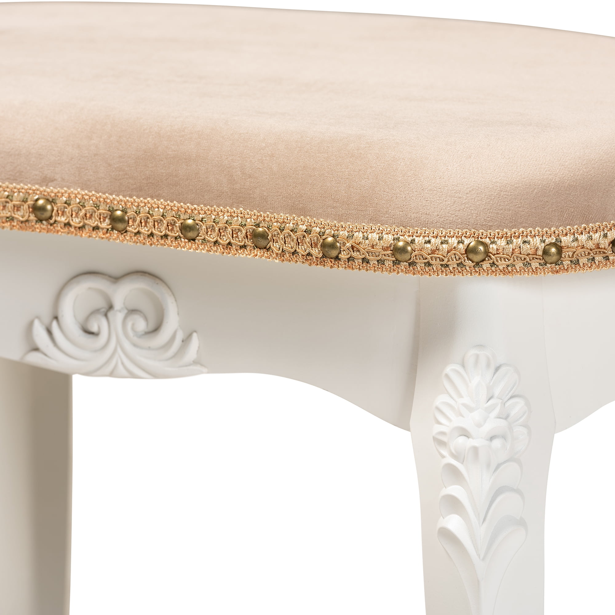 Baxton Studio Gabrielle Traditional French Country Provincial Sand Velvet Fabric Upholstered White-Finished Wood Vanity Ottoman