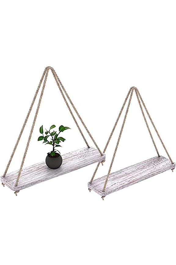 Paulownia Wood Wall Shelves with Jute Rope, Set of 2, 17 x 5.2 in, Rustic White