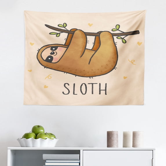 Funny Sloth Tapestry, Cartoon Pattern of Smiling Lazy Animal Jungle Plants Leaves Trees, Fabric Wall Hanging Decor for Bedroom Living Room Dorm, 2 Sizes, Grey and Multicolor, by Ambesonne