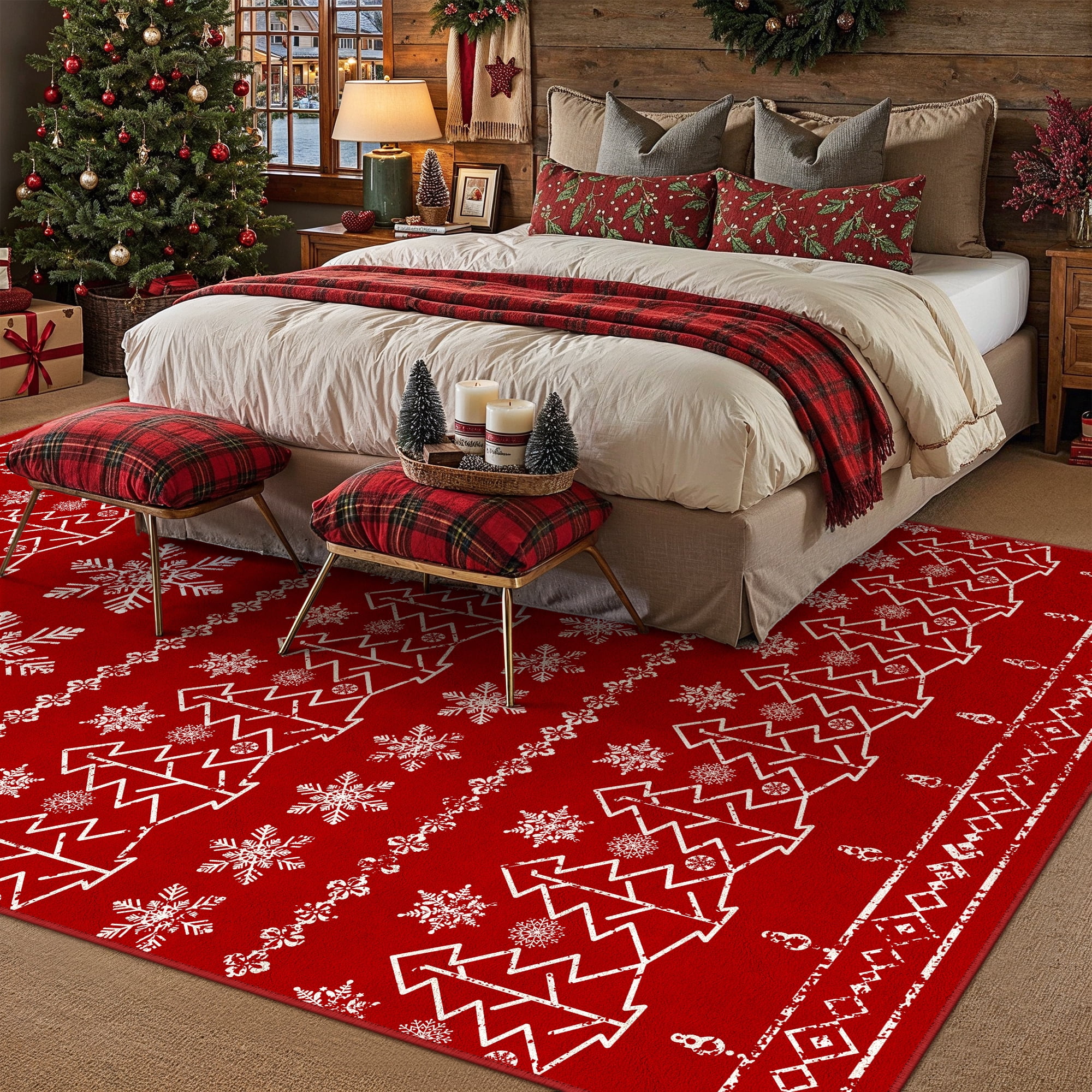 BERTHMEER 8'X10' Large Christmas Area Rug Red Christmas Snowflake Modern Rugs for Living Room Dining Room Bedroom Soft Machine Washable Non-slip Rug,Red