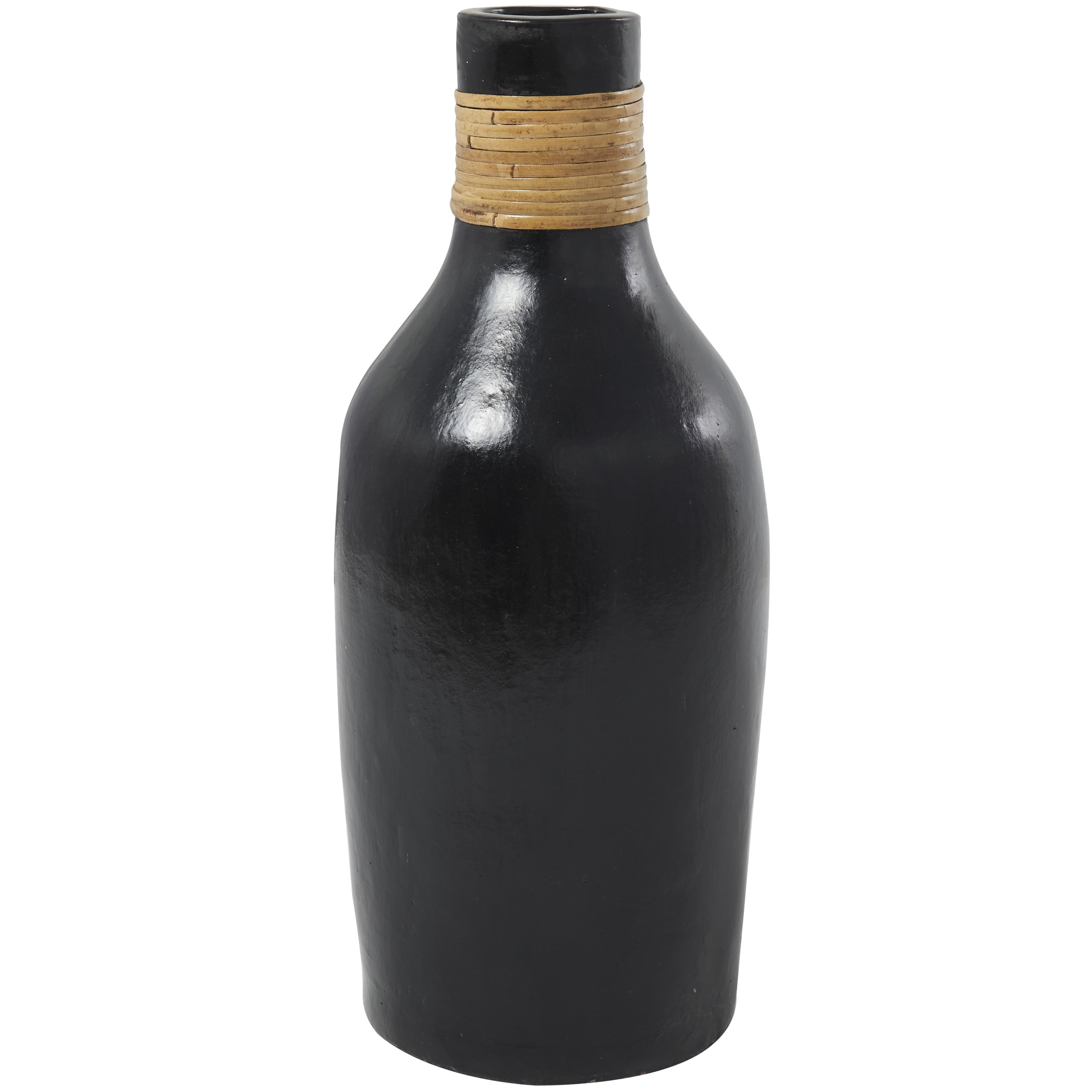 DecMode 19" Black Ceramic Vase with Wrapped Rattan Detailing