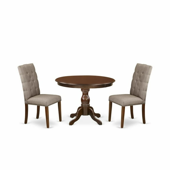 East West Furniture HBEL3-MAH-16 3 Piece Dining Room Table Set - Mahogany Dining Table and 2 Dark Khaki Linen Fabric Chairs for Dining Room Button Tufted Back with Nail Heads - Mahogany Finish