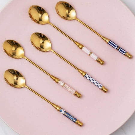 

Pack of 5 Gold Plated Stainless Steel Espresso Spoons Mini Teaspoons Set for Coffee Sugar Dessert Cake Ice Cream Soup Antipasto Cappuccino Random color