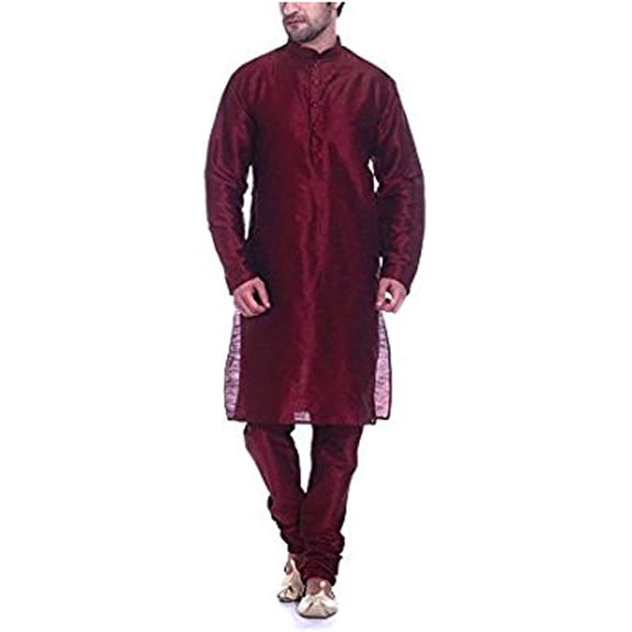 Royal Kurta Men's Luxury Art Silk Blend Occasional Kurta Churidar Set Red