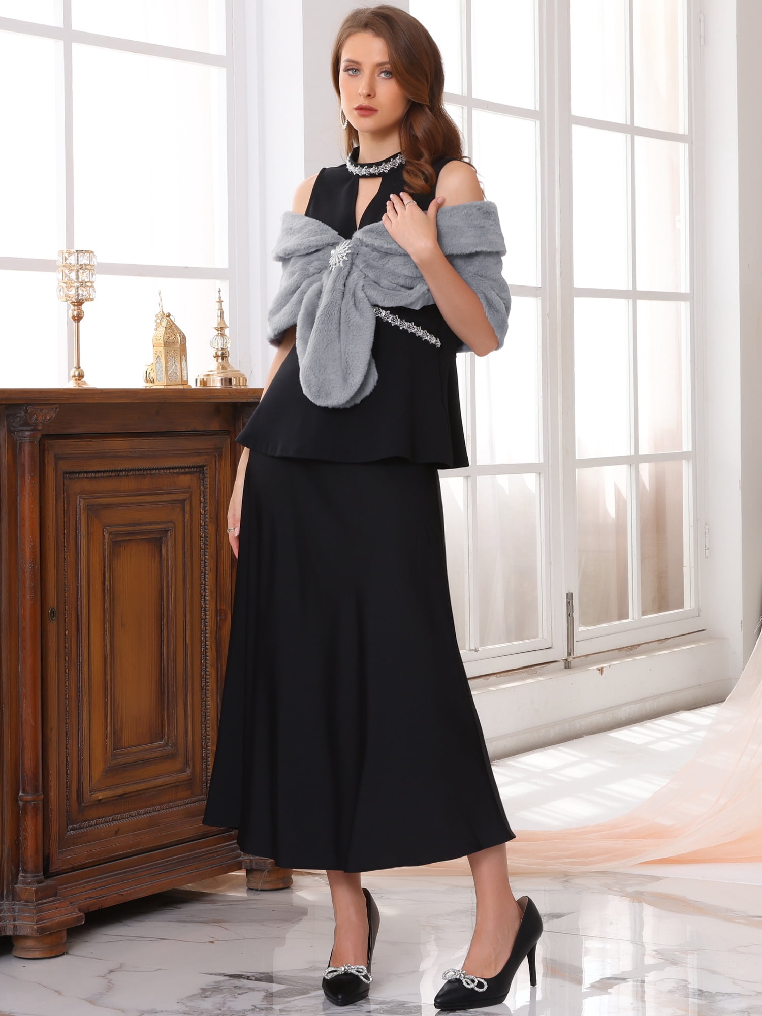 DARING DIVA Women's Elegant Faux Fur Shawl Wrap Cape XL Grey