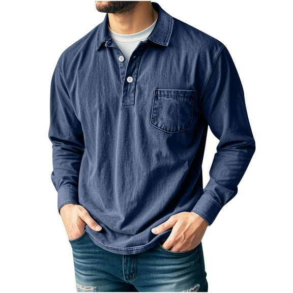 Yteetum Long Sleeve Shirts for Men Oversized Button Down Collar Classic Golf Shirt Mens Solid Single Pocket Soft Versatile Casual Polos T Shirt Top for Everyday Outing Office Looks Weekend Activities