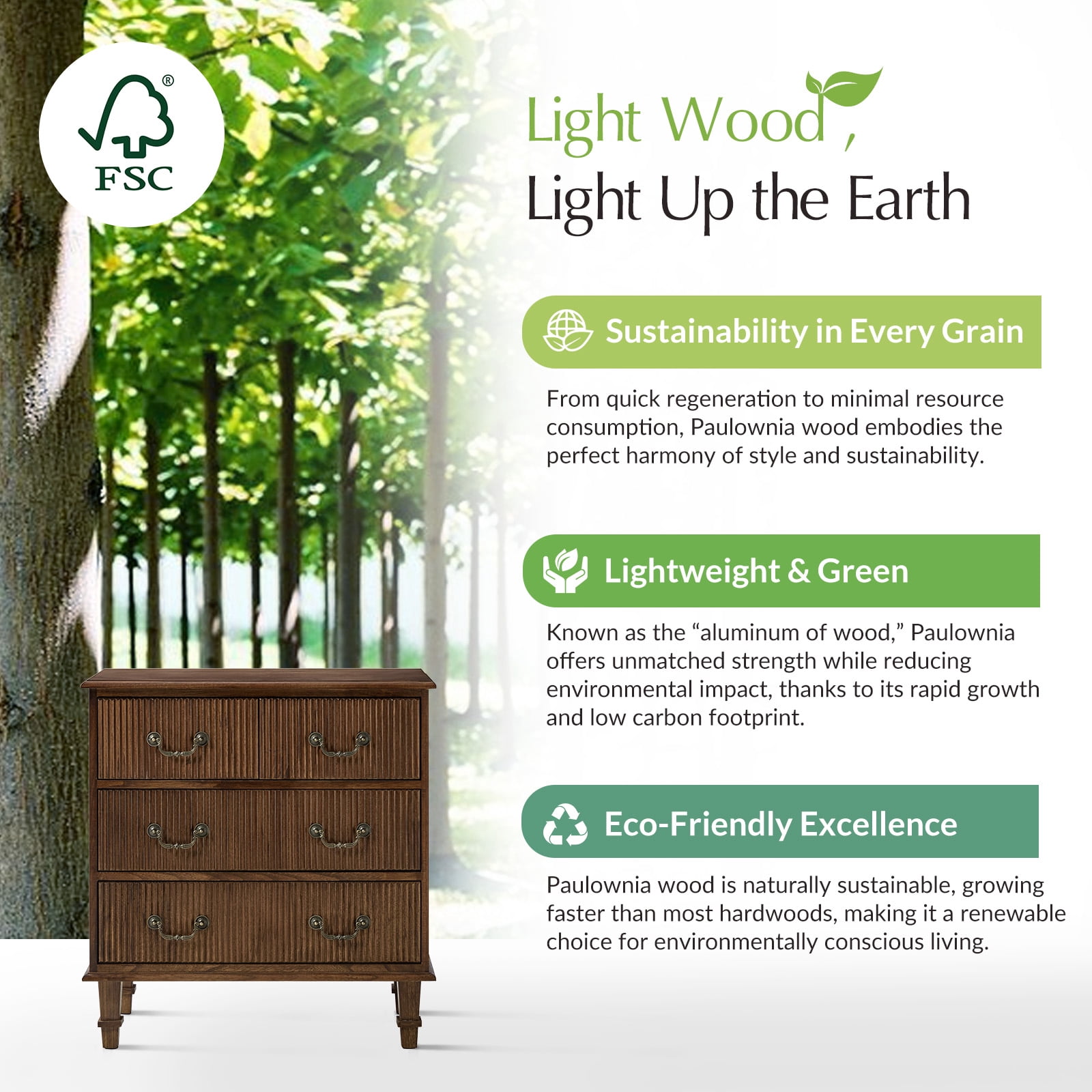 Tina's Home Transitional Solid Wood End Table with Vertical Striped Design, Built-in Charging Station - 4 Walnut Drawers