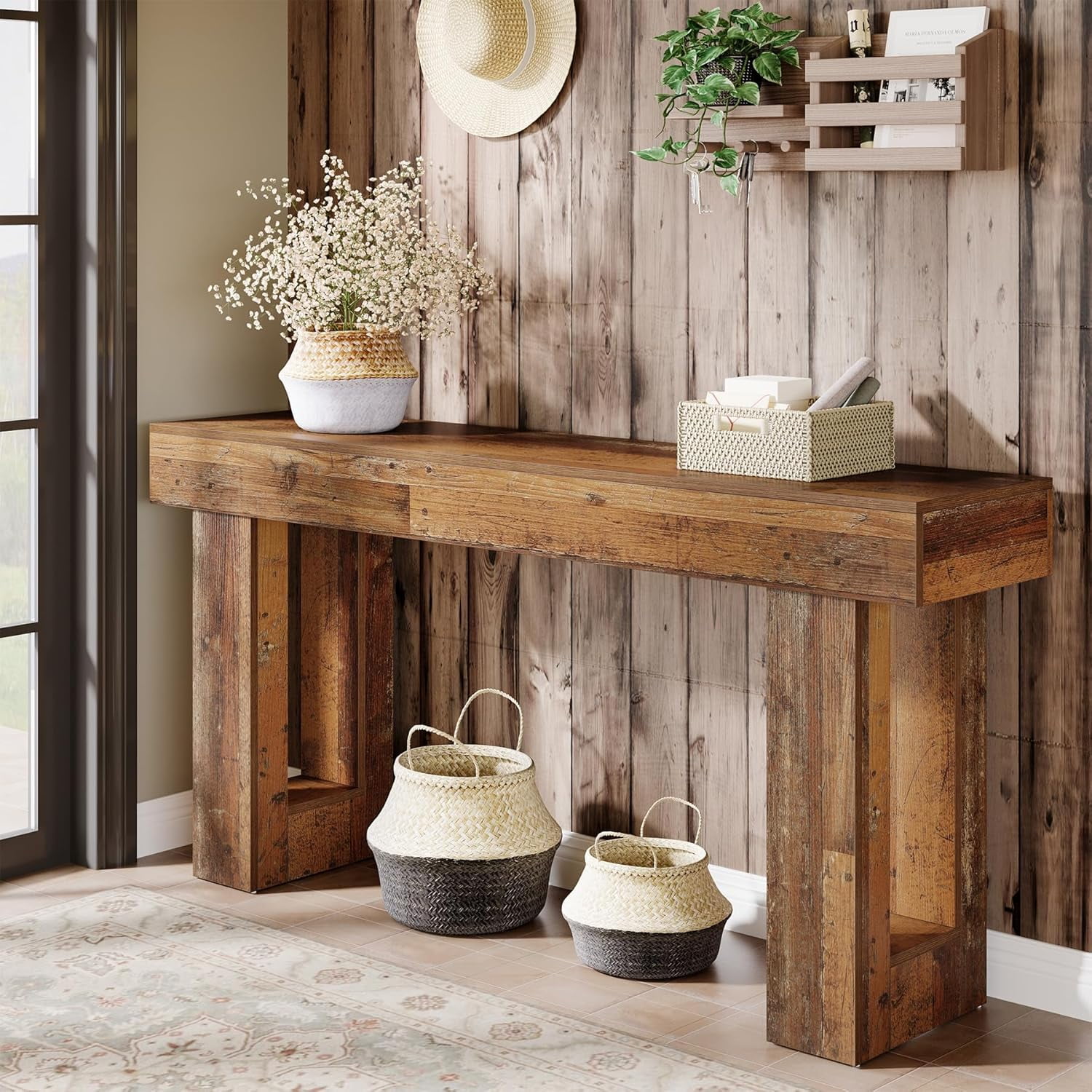 Tribesigns 63-Inch Long Console Table, Farmhouse Entryway Table for Entrance, Hallway, Living Room（Natural)
