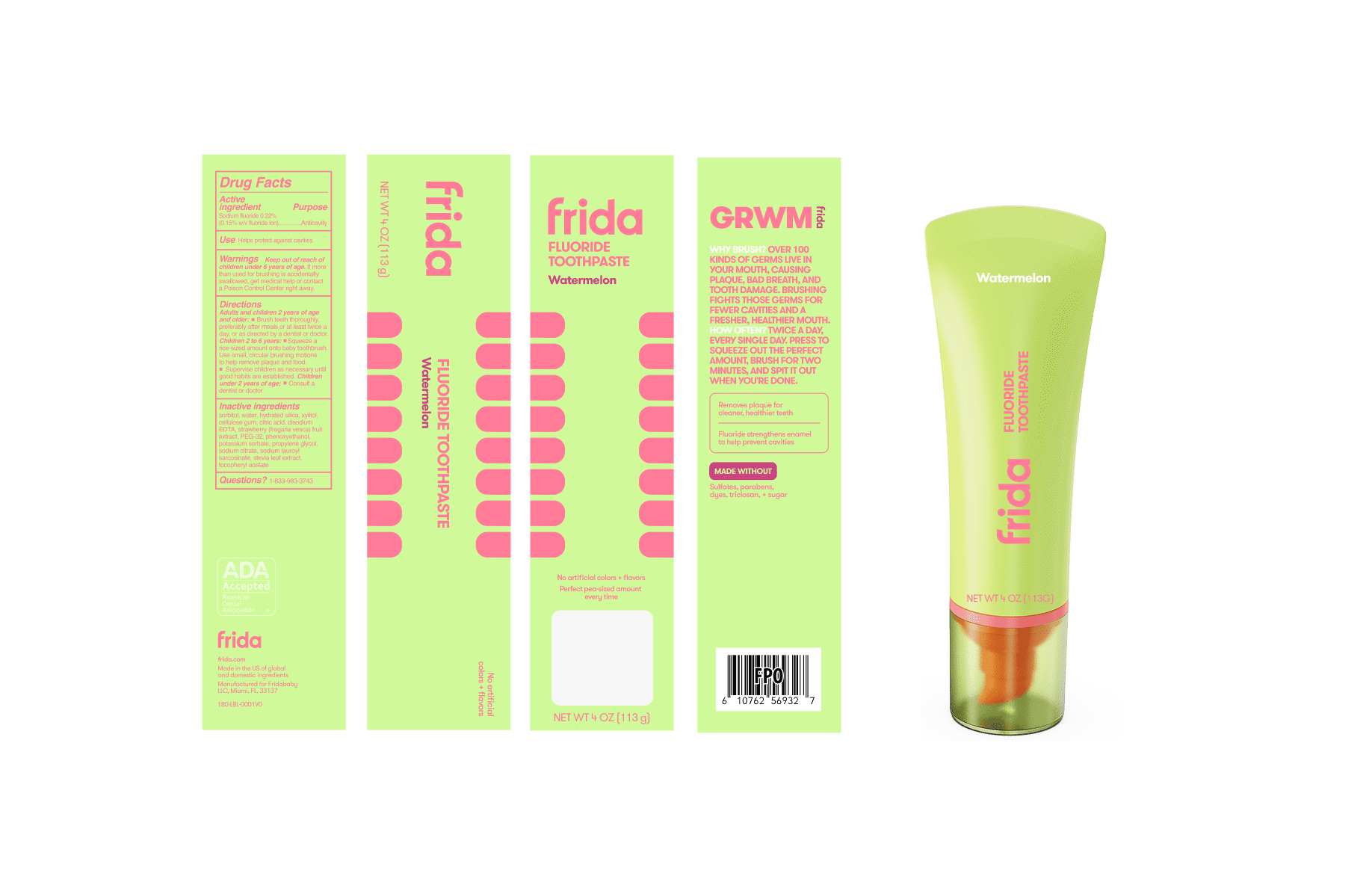 Frida for Kids Fluoride Toothpaste for Kids, Cavity Protection, Watermelon, 4 fluid ounce
