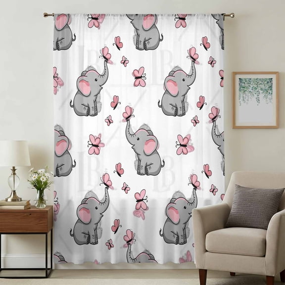 Cute Elephants Sheer Curtains 45 Inches Long, Cartoon Funny Butterflies Pink Light Filering Curtains, Breathable Simi Curtain Privacy Drapes for Kitchen Bathroom Lightweight Small Window Treatment
