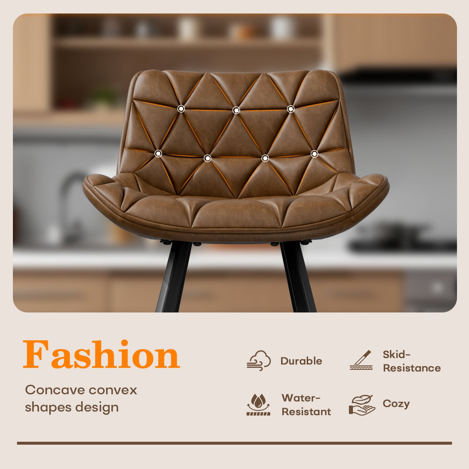 HomeZeer Bar Stools Set of 6, 26" Counter Height Bar Stools with Low Back and Footrest, PU Leather Upholstered Seat, Metal Legs Bar Chairs for Kitchen Island Dining, Brown