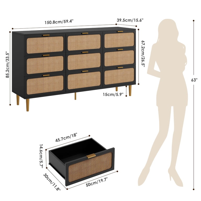 Rattan 9 Drawer Dresser for Bedroom, 59"W Wooden Chest of Drawers with  Metal Handles, Dresser TV Stand, Clothes Storage Organizer for Bedroom,  Black