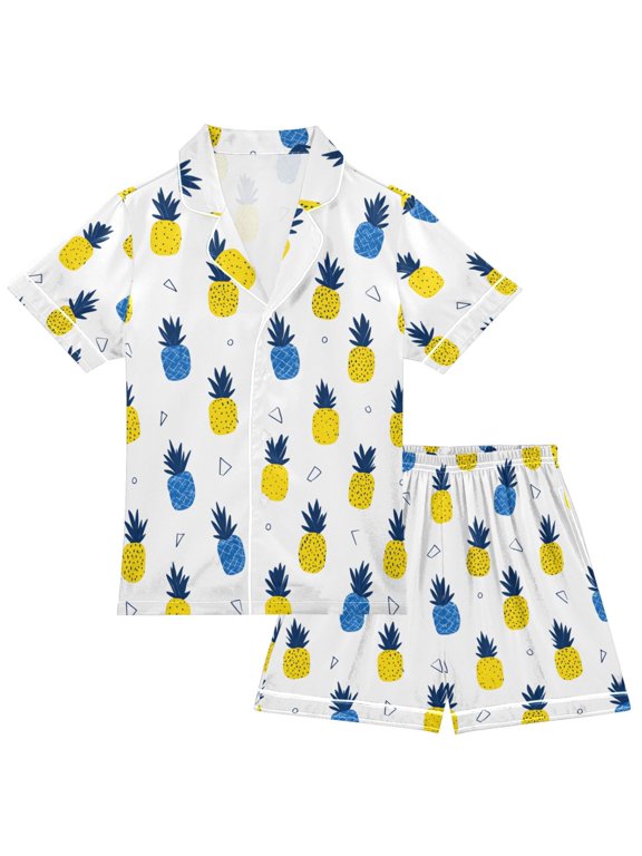 Summer Pineapples Print Boy Girls Satin Pajamas Set Button-Up Short Sleeve Pj Sleepwear for 7-8 Years
