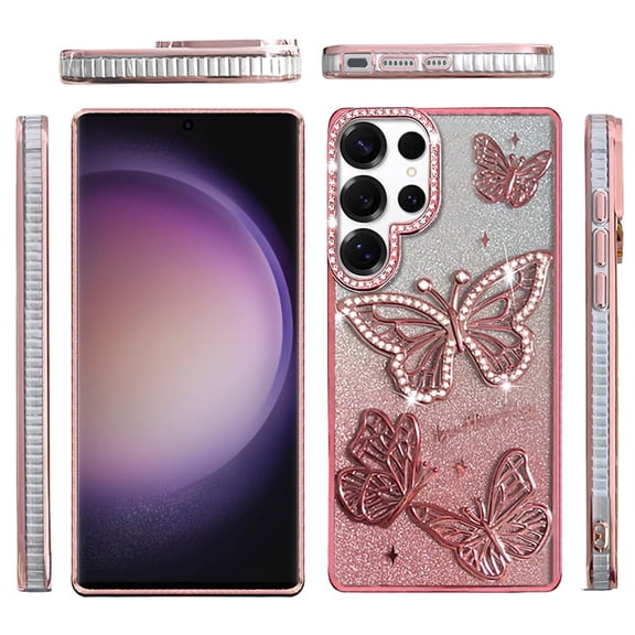 XPM for Samsung Galaxy S24 Ultra Luxury Butterfly Sparkle Glitter Diamond Crystal Rhinestone Shimmer Bling Plating Thick TPU Hard PC Phone Case Cover (Rose Gold)