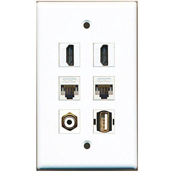 RiteAV - 2 HDMI 1 Port RCA White 1 Port USB A-A 2 Port Cat5e Ethernet White Wall Plate