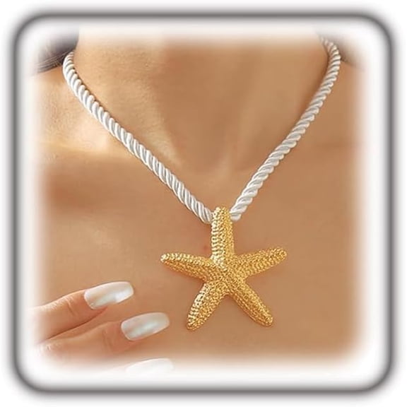 Unique Gold Starfish Pendant Necklace for Women,Chunky White Braided Rope Choker Necklace,Dainty Silver Big Star Statement Necklace Beach Jewelry