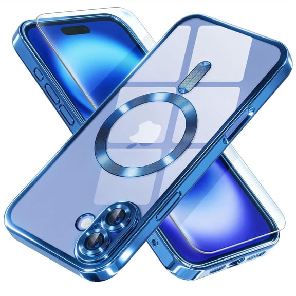 Dteck Magnetic Case with Tempered Screen Protector for iPhone 16 Plus,Shockproof TPU Transparent Case Compatible with MagSafe Full Camera Lens Protector Plating Back Cover,Darkblue