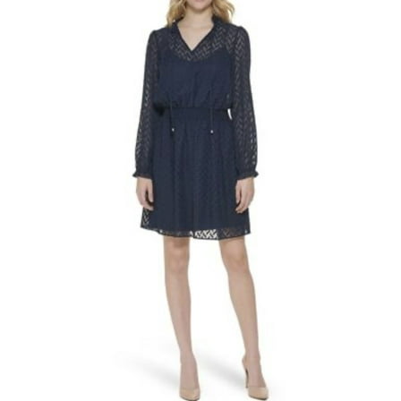 Tommy Hilfiger Women's Long Sleeve Split Neck Blouson Dress Navy Size 10