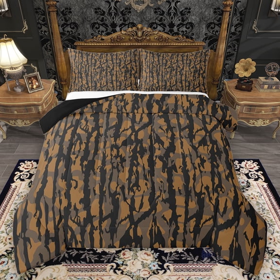 Homewish Orange Grey Stripes Queen Comforter Set, Chic Vintage Abstract Pmbre Bedding Sets, Camouflage Reversible Bedding Comforter Set, Lightweight Room Decor, 3 Pieces