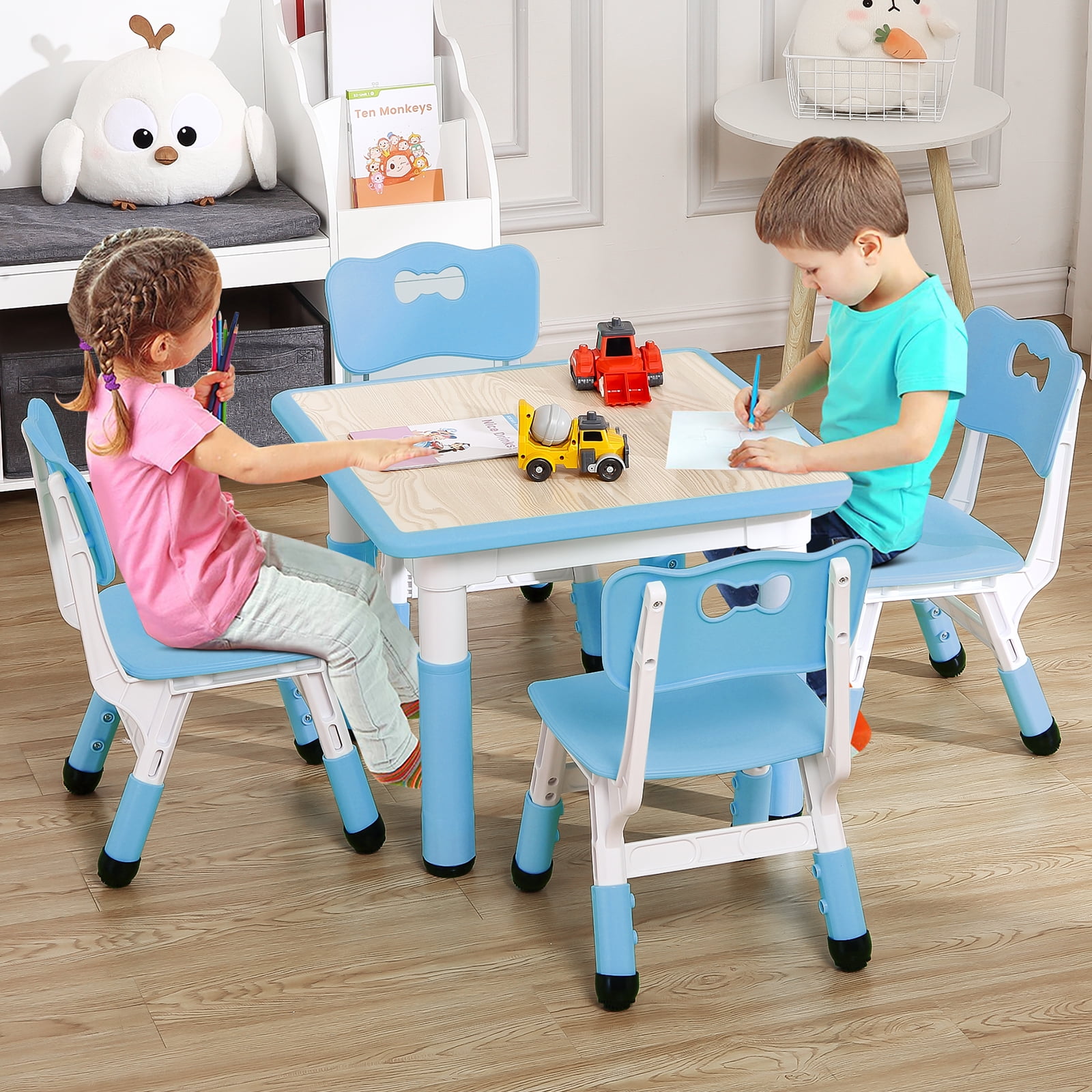Kids Table and Chairs Set with 4 Seats, Adjustable Height Desk with Non-Slip Legs, Graffiti Table Top, for Ages 2-10, Multi-Activity Table for Classrooms, Daycares, Home