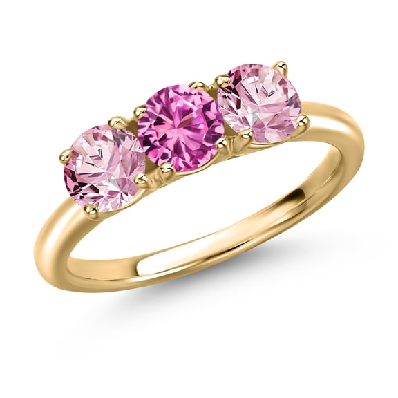 Gem Stone King 10K Yellow Gold Pink Created Sapphire and Pink Lab Grown Diamond Engagement Ring for Women | 1.55 Cttw | Round 5MM | Gemstone September Birthstone | Size 8