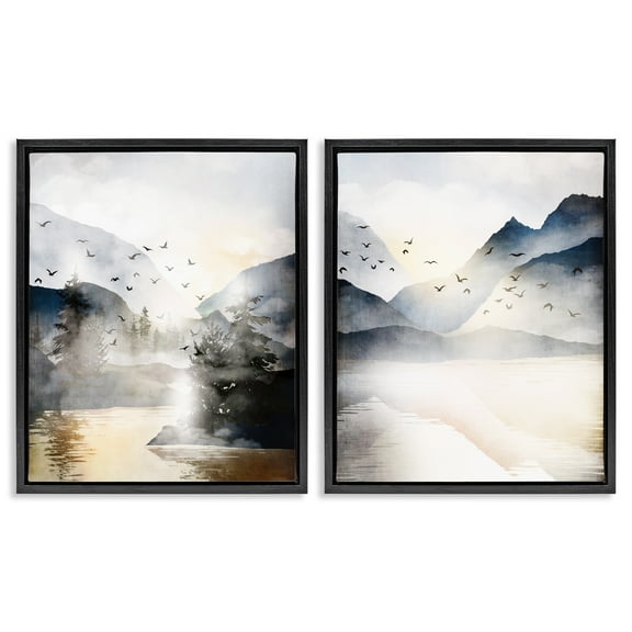 Stupell Industries Sunlit Birds Over Lake Landscape Landscape Painting Black Floater Framed Canvas Art Print Wall Art, 17 x 21, Set of 2
