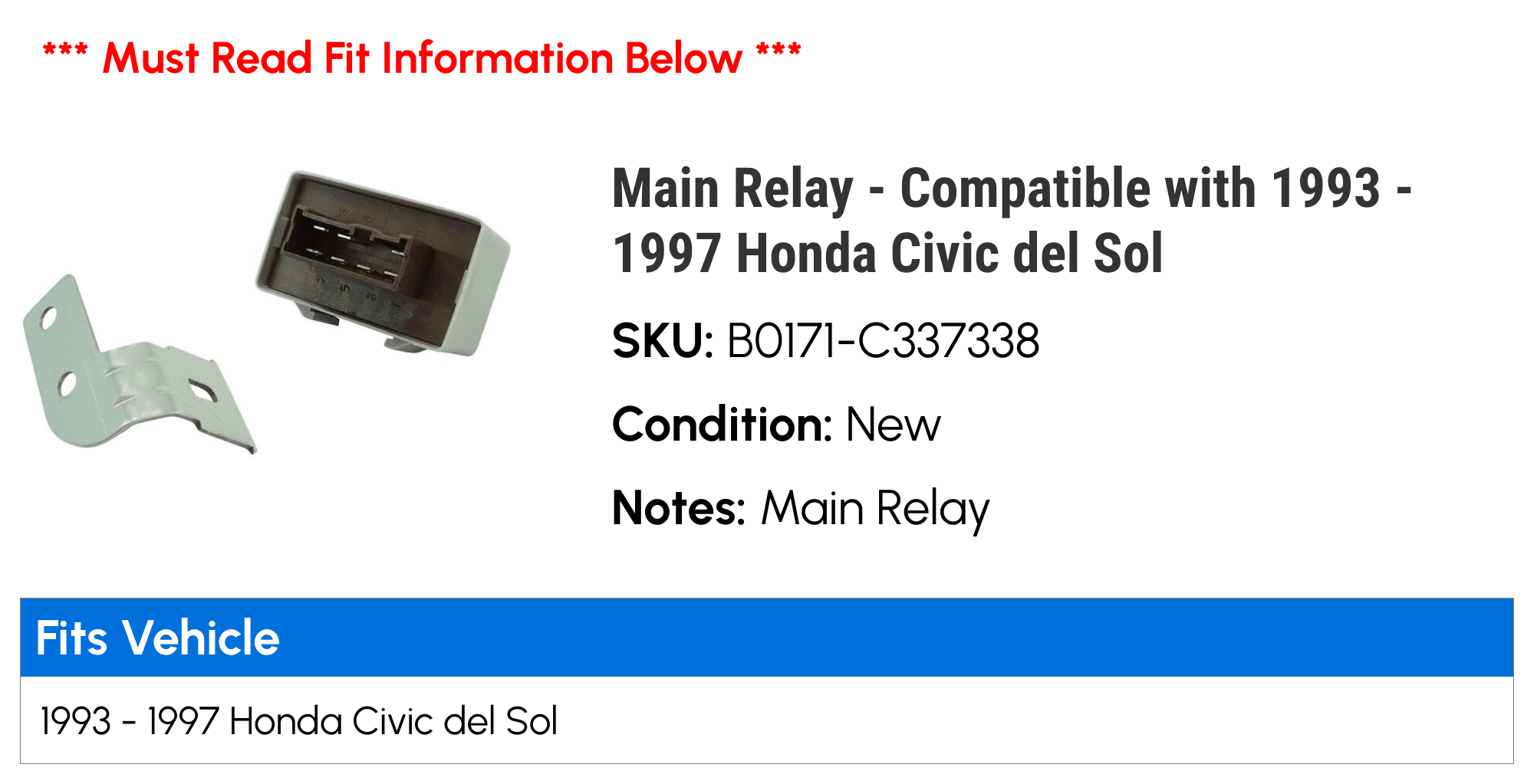 Main Relay - Compatible with 1993 - 1997 Honda Civic del Sol 1994 1995 1996