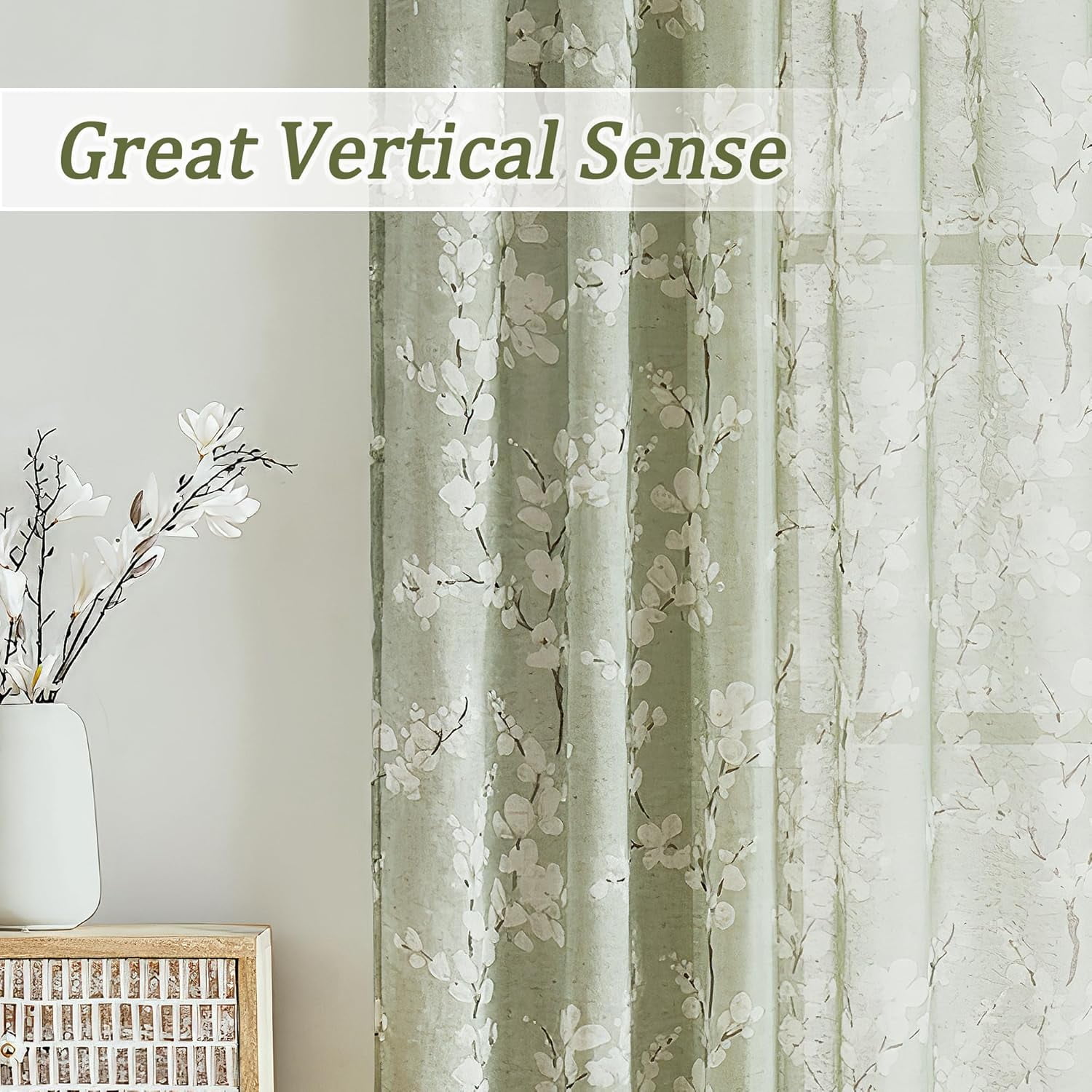 Linen Sheer Curtains for Bedroom, Sage Green Blossom Print Curtains 63 Inch Length for Living Room, Floral Patterned Farmhouse Curtain Light Filtering Window Drapes 2 Panels, Rod Pocket