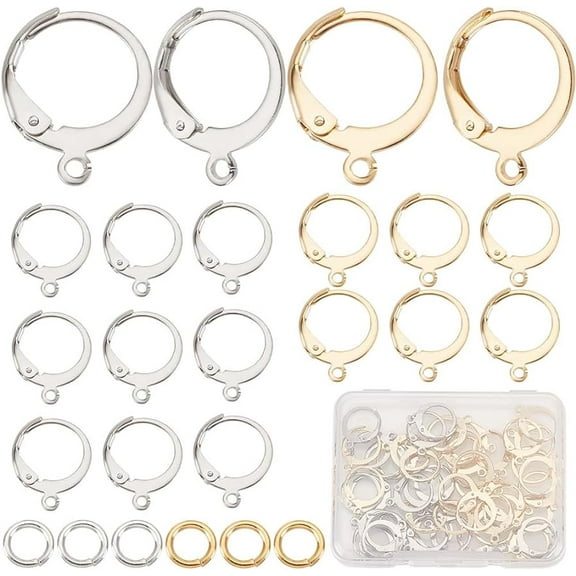 1 Box 120Pcs 2 Colors 24K Gold Plated Stainless Steel Round Leverback Hooks French Ear Wires Lever Back Earrings Hoops with Open Loop Jump Rings for Dangle DIY Jewelry Making 0.6x0.5 in