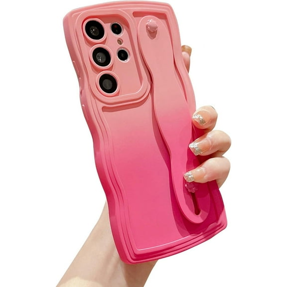 Compatible with Samsung Galaxy S22 Ultra 5G 6.8" Case, Cute S22 Ultra Phone Case for Women Men with Wrist Strap Wristband Stand Camera Lens Protect Gradient Color Curly Wave Soft Cover (Pink Rose)