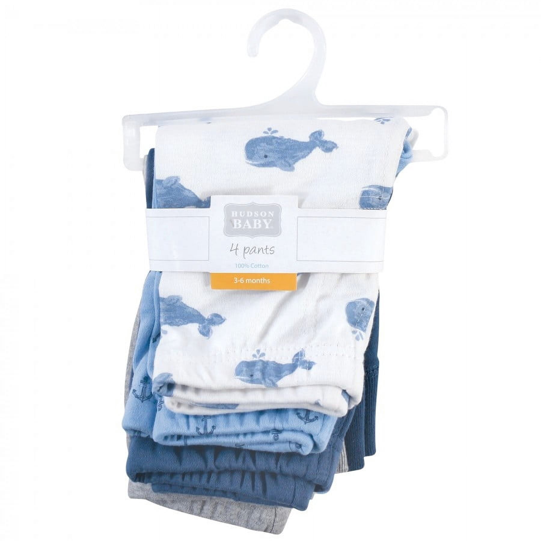 Hudson Baby Infant and Toddler Boy Cotton Pants 4pk, Blue Whales, 6-9 Months
