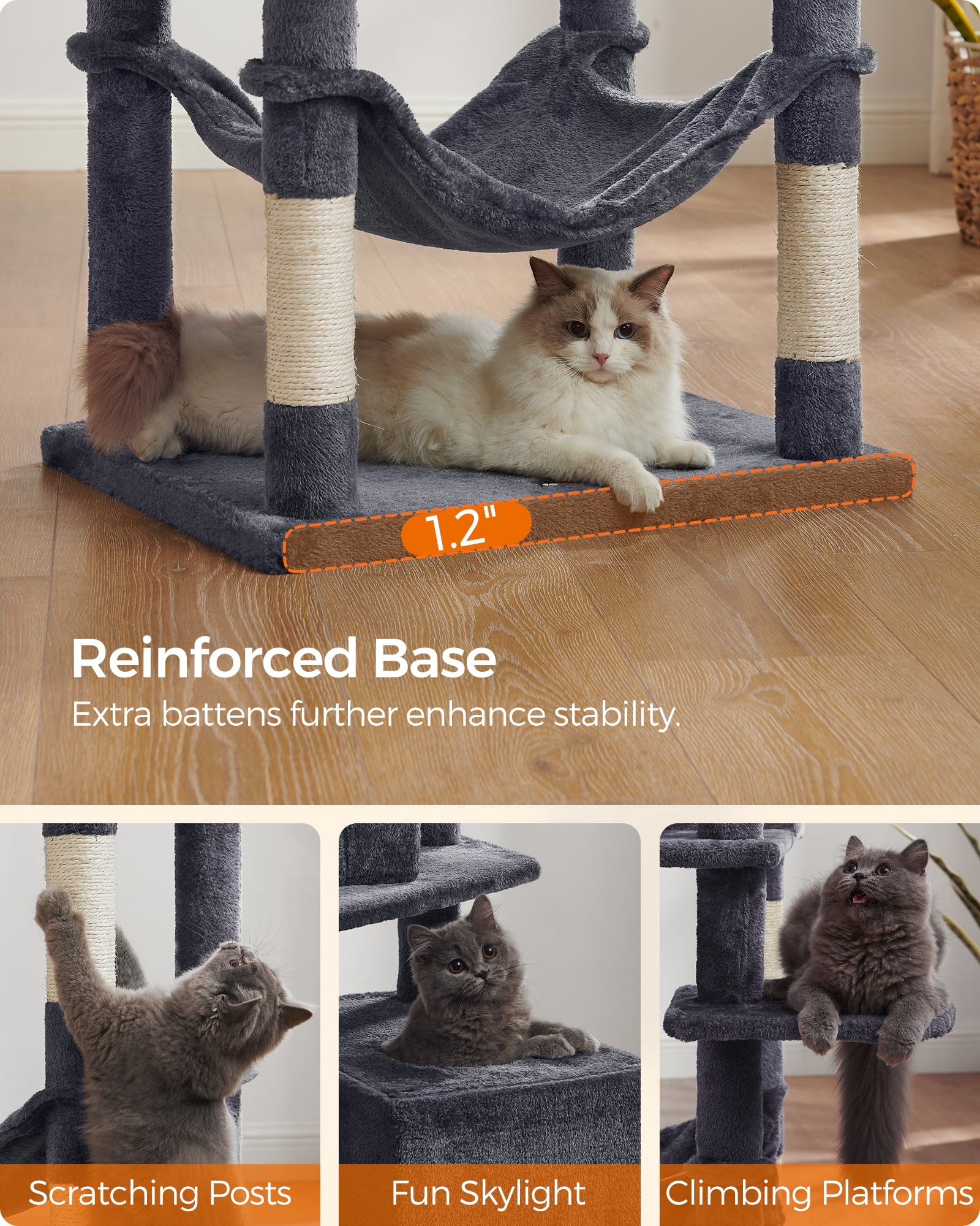 75.2"H Cat Tree Cat Tower for Indoor Cats, Plush Multi-Level Cat Condo with Scratching Posts, Perches, Caves, Hammock, Smoky Gray