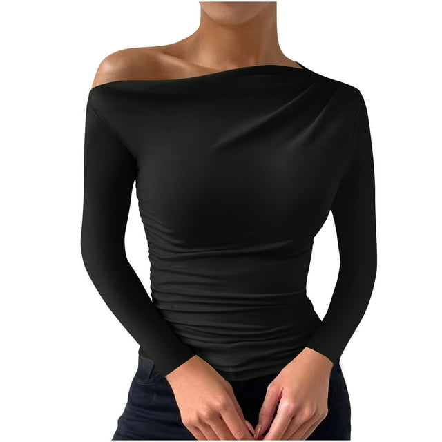 Plebaso Women's One Shoulder Tops Short/Long Sleeve Slim Shirts Ruched Going out Tees Shirts for Women