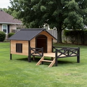 Hassch Outdoor Dog House with Porch, Waterproof Wooden Puppy Shelter Indoor Large Doghouse with Elevated Floor and Hinged Roof, for Small Medium Dogs Up to 80lbs (Yellow Brown)