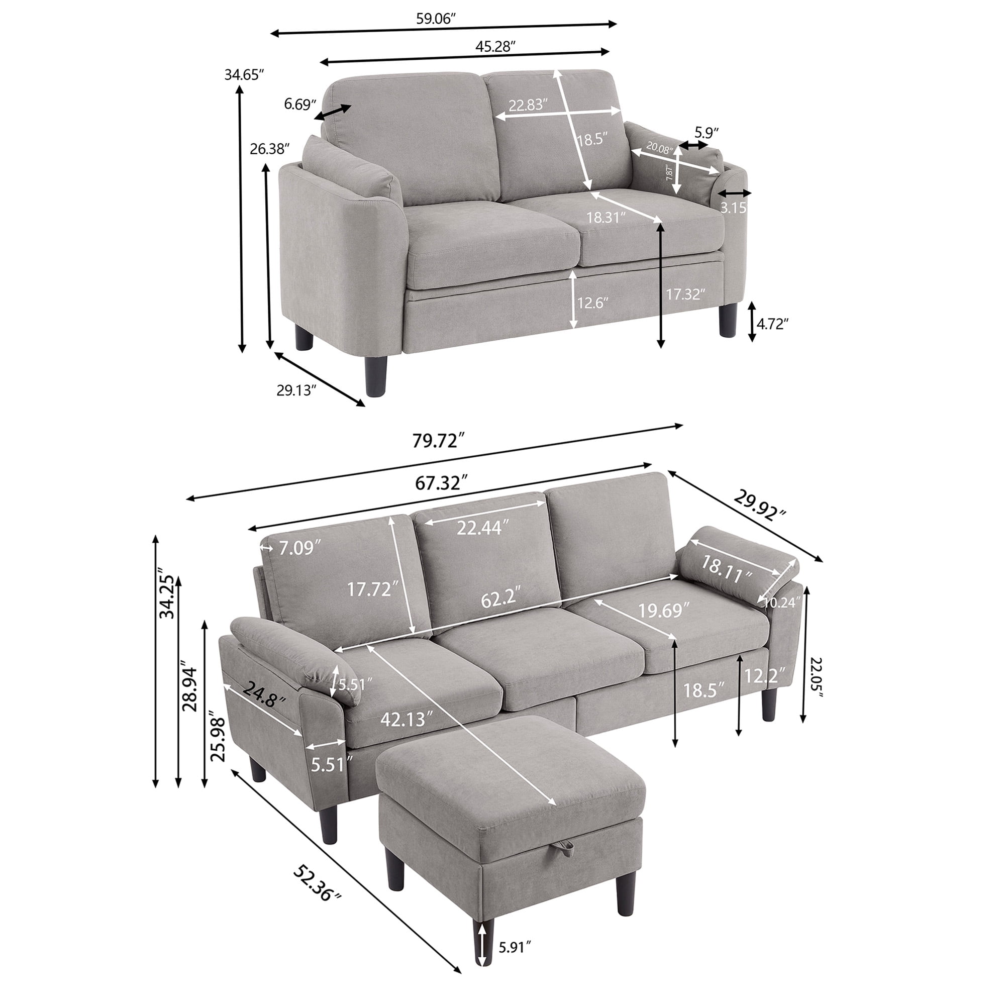 Pingliang Home Sectional Sofa Couch with Storage Ottoman and Loveseat,Modern 5 Seater Sofa Couch Set,L Shaped Couch with Footstool for Living Room Apartment Studio Office,Light Gray