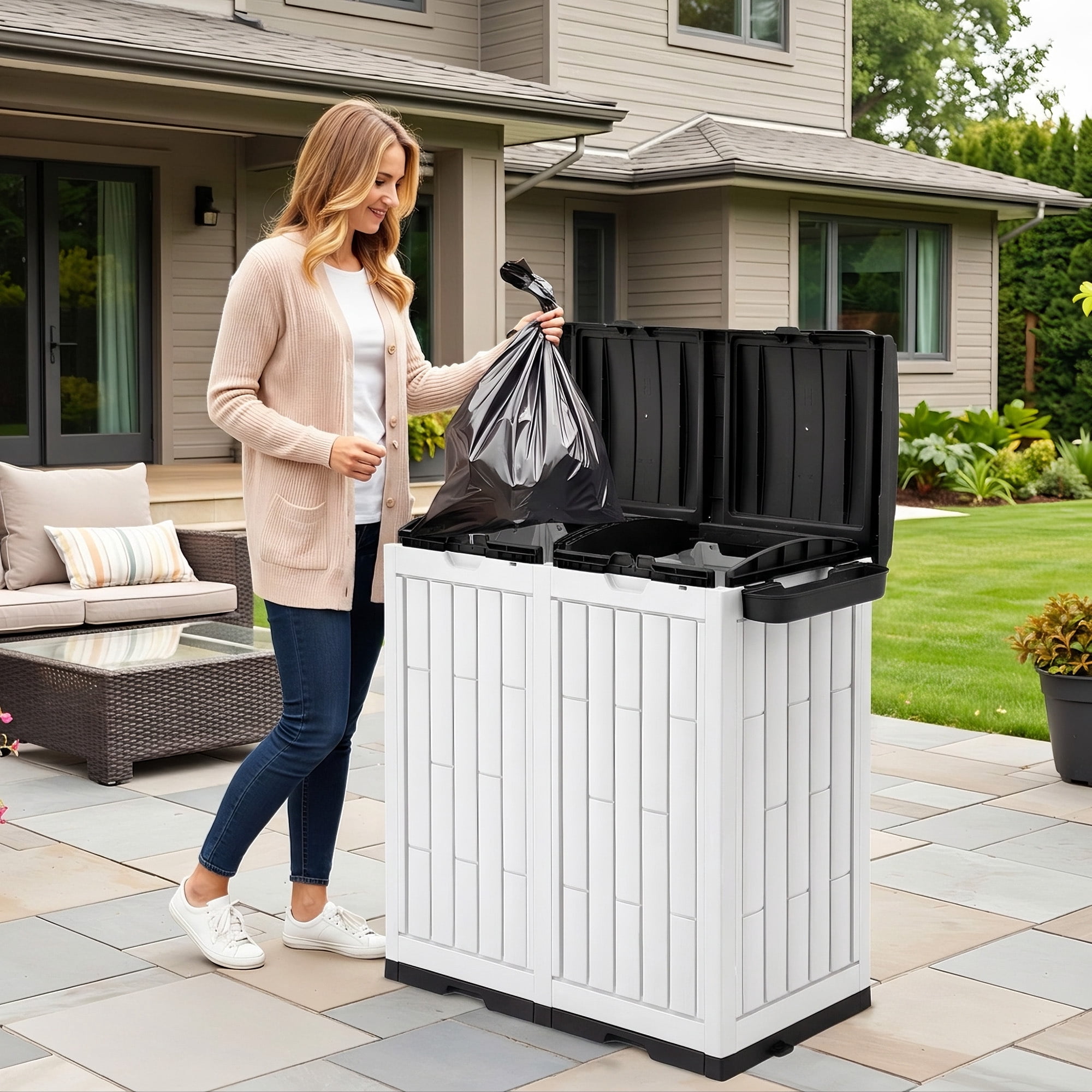 Uforic 76 Gallon Outdoor Trash Can, Resin Garbage Bin with Sorting Labels, Ash Holder, Lid, Stakes & Suction Cups for Patio Backyard Garden, White