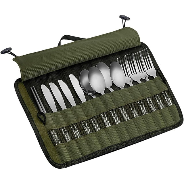 Qucyy Cutlery Storage Bag,Portable Polyester Roll Up Pouch Bag For Forks, Spoons, Chopstick,Water Resistant Storage Kitchen Cooking Utensil Set Travel Organizer, Army Green Army Green