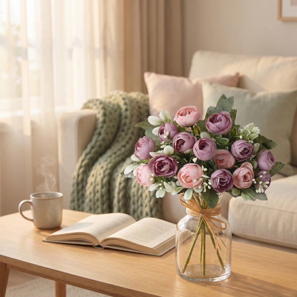 Artificial Rose Bouquet Silk Flower Arrangement Fake Rose Stem Home Wedding Table Centerpiece Decor Long Lasting Flowers for Bedroom Living Room Dining Table Wedding Party Gift
