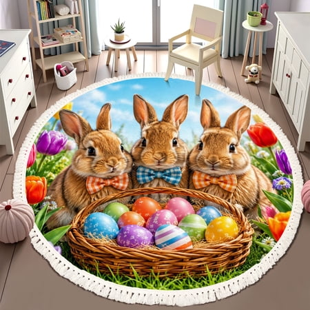 Washable Non Slip 6ft Round Rug Easter Bunny Vintage Rabbit Spring Easter Animal Colorful Basket Circle Area Rugs with Tassels Carpet for Nursery Bedroom Living Room Playroom Tent Rug
