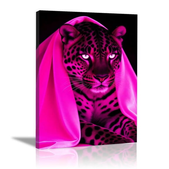 Mudket Neon Pink Leopard with Silk Veil Black Background Canvas Wall Art, Trendy Modern Glam Wall Prints Waterproof Canvas for Living Room Apartment Home Decor , Framed Ready to Hang - 12"L x 8"W