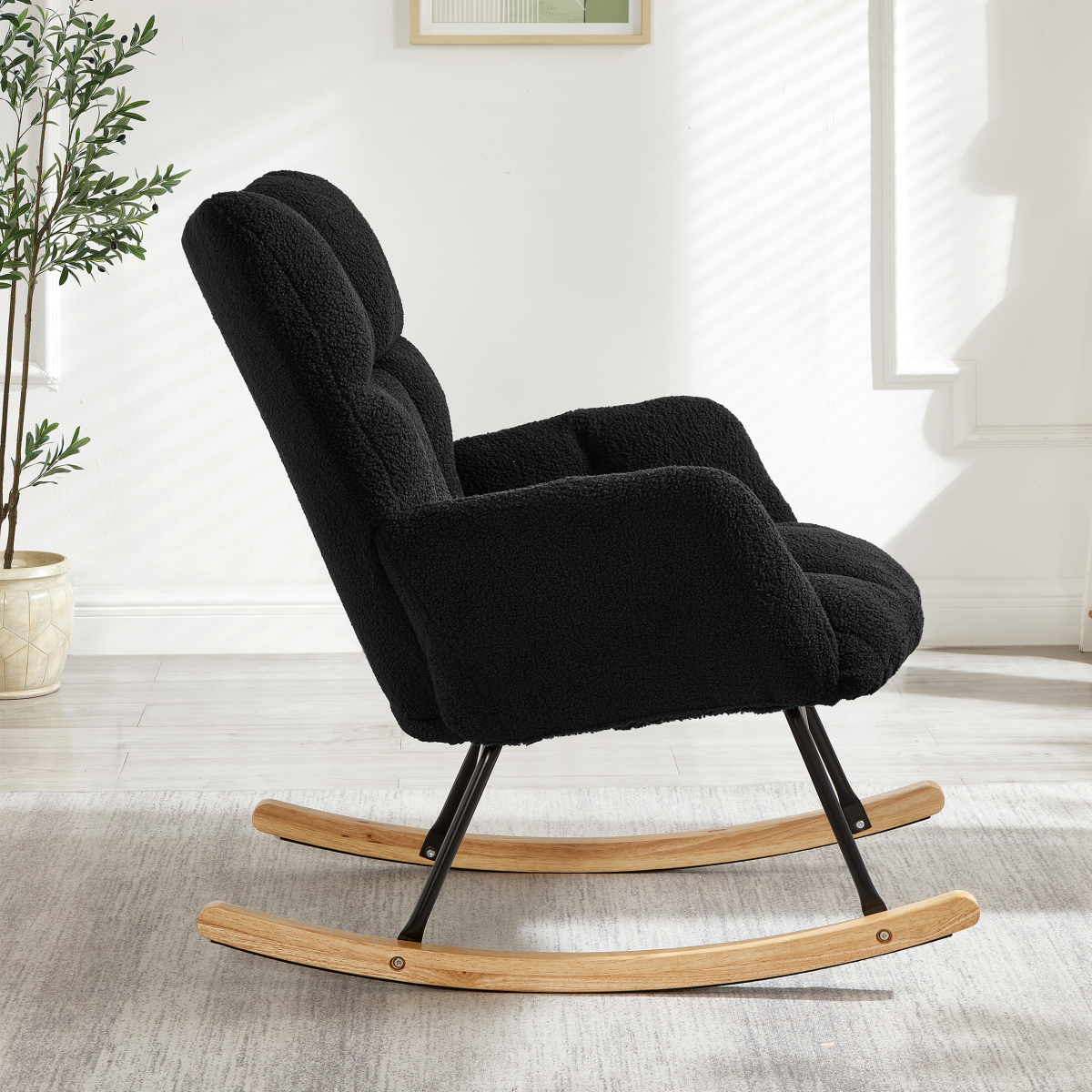 Glider Rocking Chair for Living Room, Tufted Upholstered Accent Chair with Teddy Fabric and Metal Frame, High Back Armchair for Nursery, Bedroom, or Reading Corner