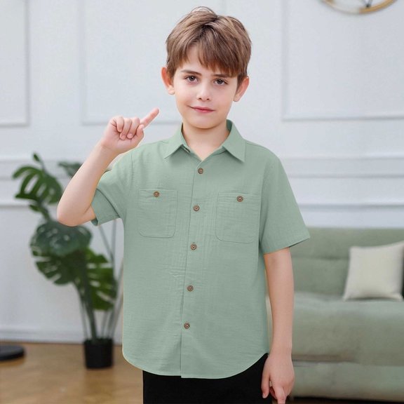 MAIHAN Boys Button Down Shirt Short Sleeve Cotton Woven Casual Top with 2 Pockets Kids Summer Lightweight School Daily Wear(Army Green,7-8 Years)