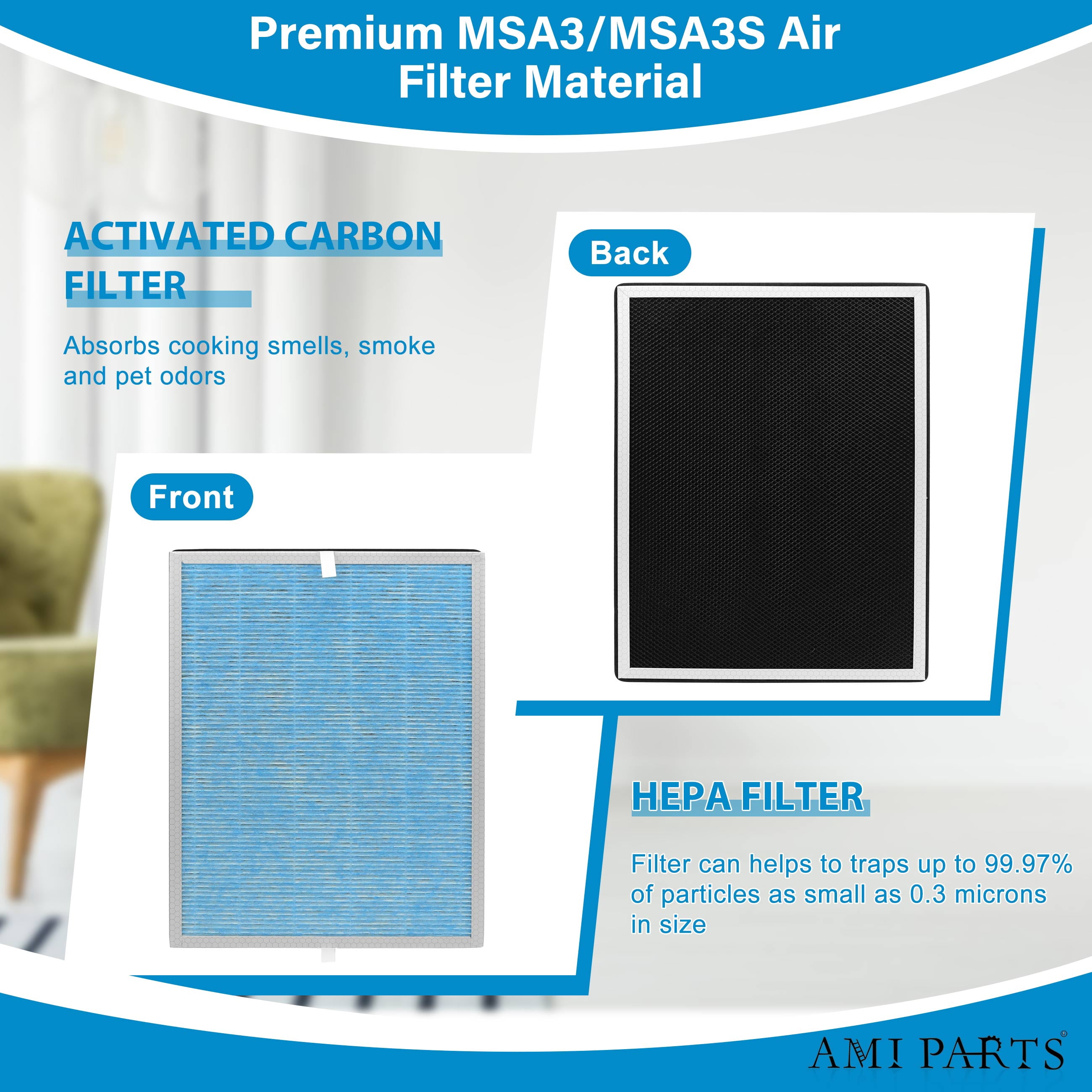 AMI PARTS MSA3 3-in-1 True HEPA Filter Replacement for Membrane Solutions MSA3/MSA3S Air Purifier