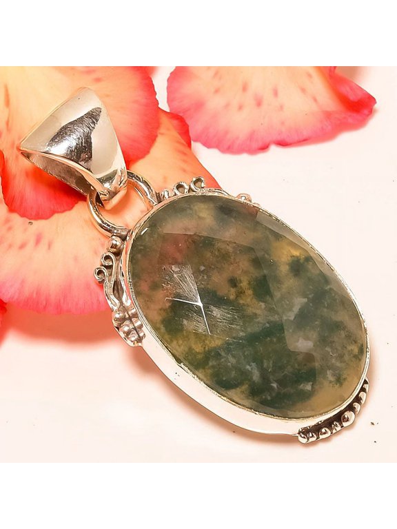 Moss Opal Vintage Style Gemstone 925 Sterling Silver Pendant 1.58" T38, Opal Pendant, Christmas Gift, New Year Sale, Gemstone Silver Jewelry