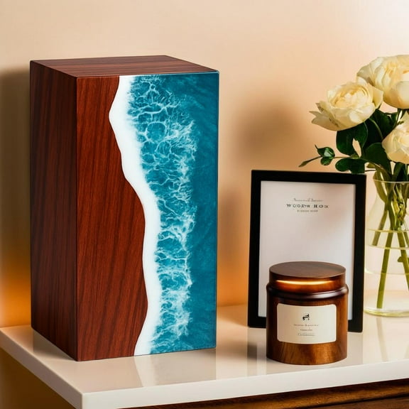 Wooden Urns for Human Ashes Adult Cremation Urns for Human Ashes Ocean Wave Design Wooden Urn Box Memorial Cremation Urn Box for Human & Pet Ashes