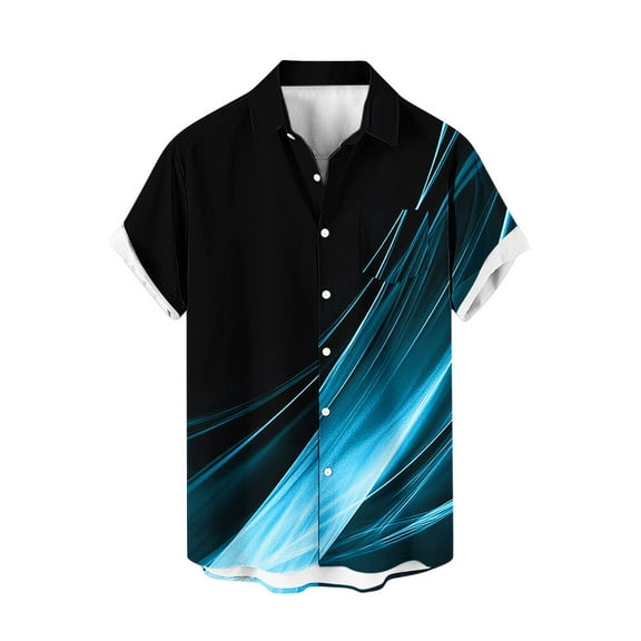 ZCFZJW Men's Casual Short Sleeve Button Down Bowling Summer Loose Regular Fit Hawaiian Beach Shirts Trendy Striped Color Block Printed T-Shirts with Pockets Blue XXXXL